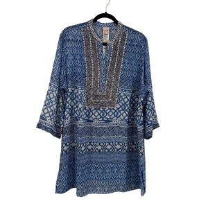 Chico's Blue and White Patterned Chiffon Tunic with Embellished Neckline